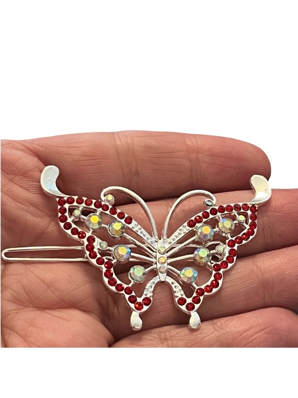 Silver Butterfly Hair Clip with Red and Iridescent Stones  FINAL PRICE DROP